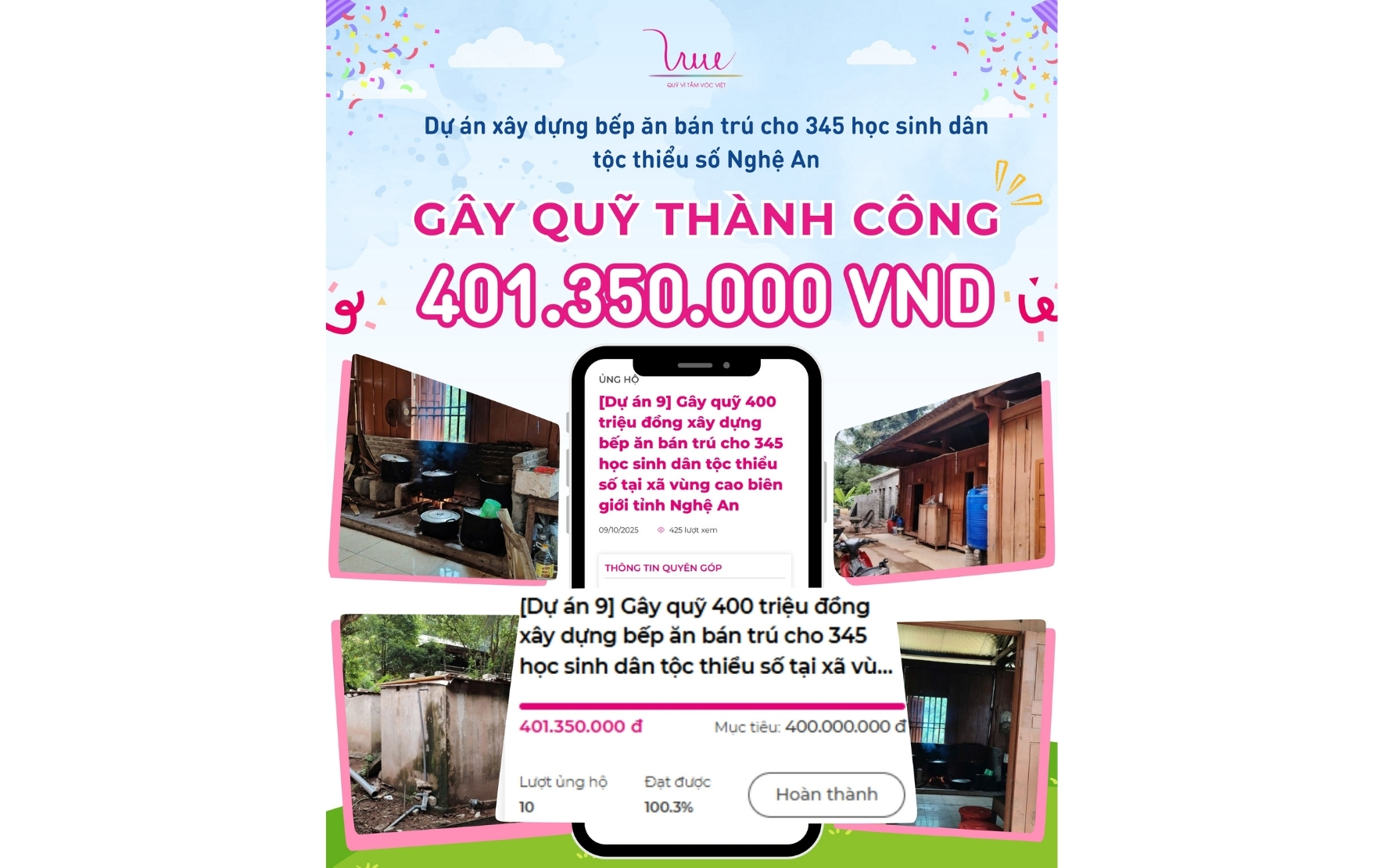 HƠN 400 TRIỆU ĐỒNG đã được GÂY QUỸ THÀNH CÔNG để xây dựng bếp ăn bán trú cho 345 học sinh dân tộc thiểu số tại Nghệ An